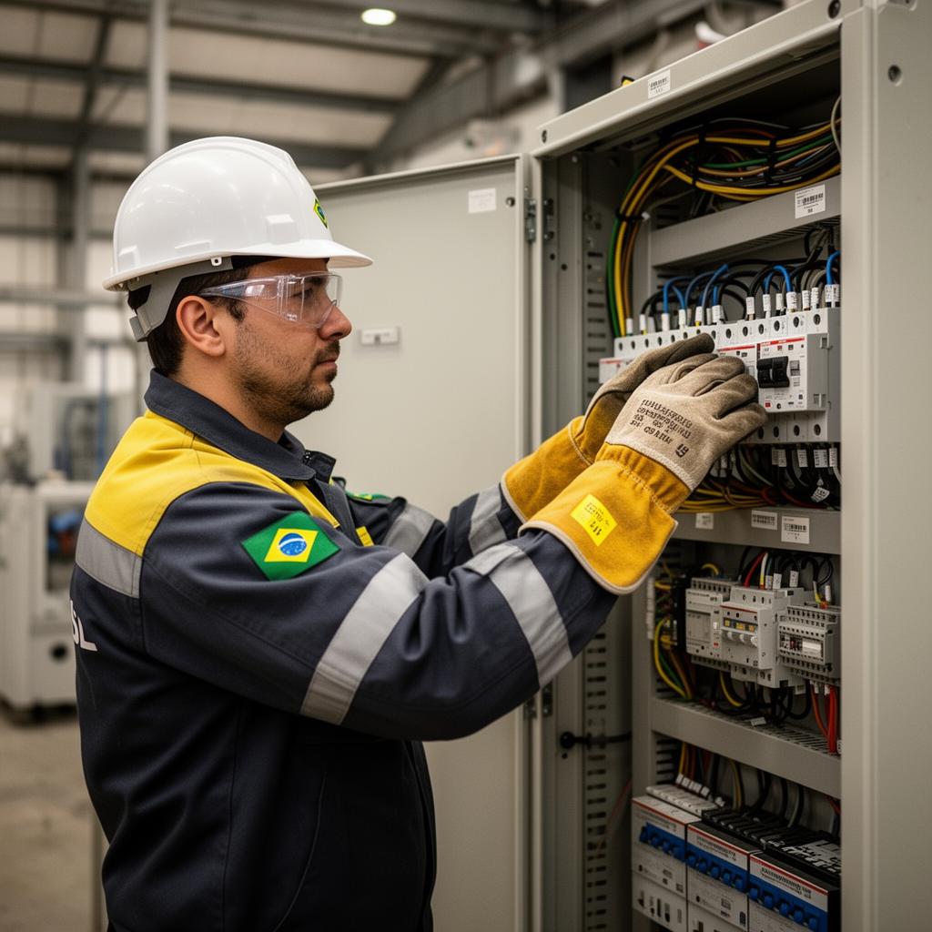 Técnico certificado em NR-10 e NR-35 com EPIs trabalhando em painel elétrico