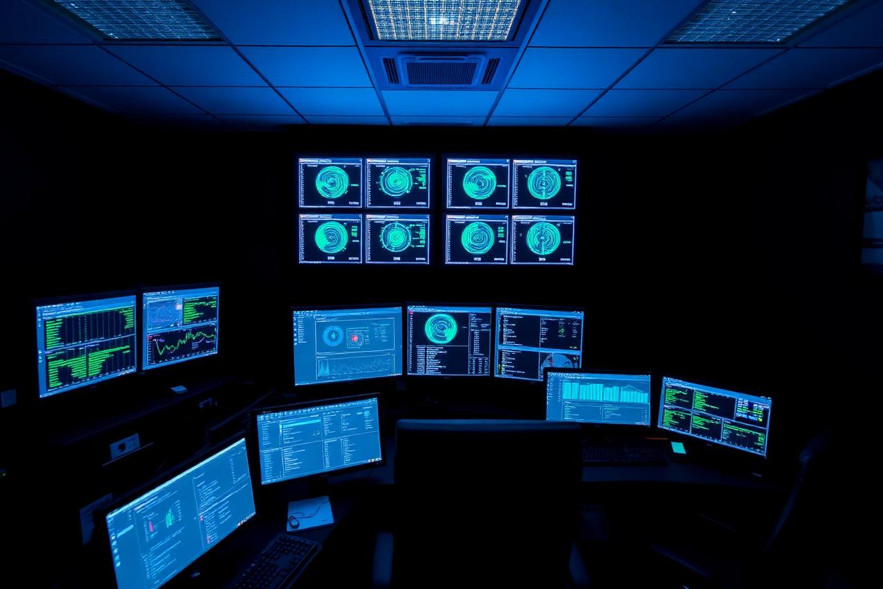 Centro de operações de rede com dashboards de monitoramento